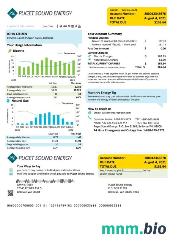 USA Washington Puget Sound Energy rachunek za media szablon w formacie Word i PDF